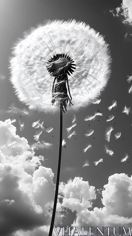 High-contrast macro dandelion seed head dispersing in cloudy sky