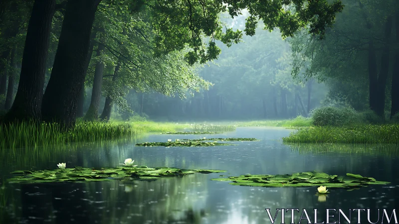 Calm forest river with lily pads and soft morning mist.