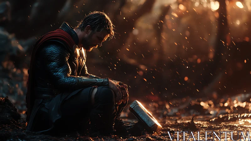 Armored warrior kneels with hammer in glowing forest rain.