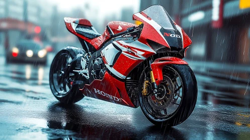 Crimson superbike prowls neon rain-soaked city streets tonight.