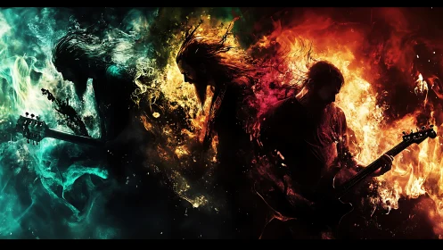 Guitarists ignite elemental storms in a blazing cosmic riff