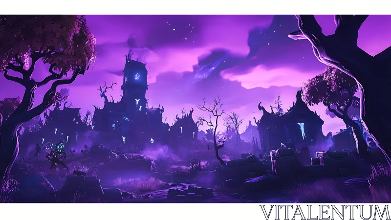 Haunted purple graveyard with eerie fantasy ruins at dusk.
