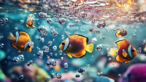 Playful clownfish drifting through a sparkling bubble storm.