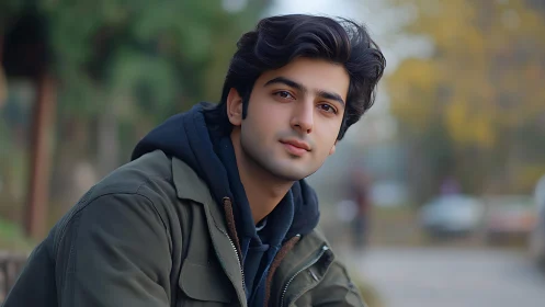 Young man in outdoor setting looks toward the camera