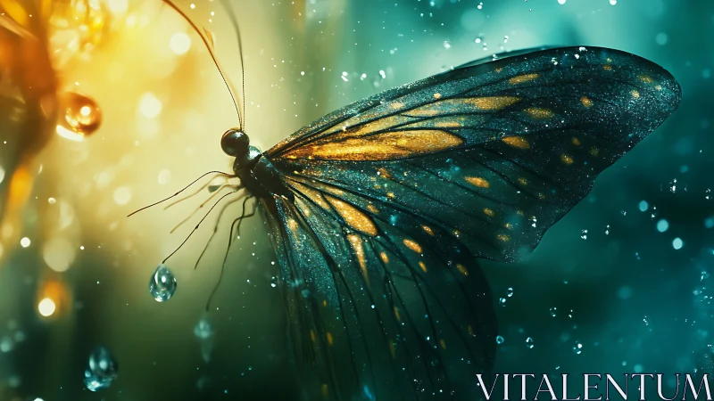 Shimmering butterfly pauses in glowing, dreamlike raindrops