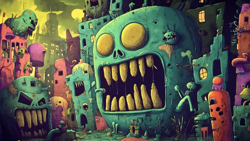 Surreal urban scene depicts anthropomorphic skull-like buildings