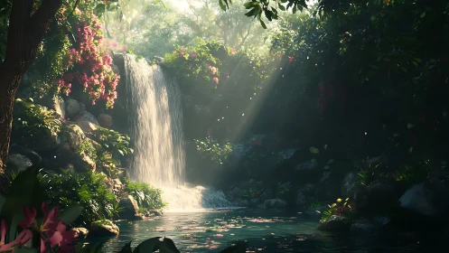 Volumetric-lit jungle waterfall with dense foliage and floral overgrowth