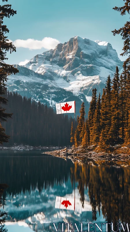 Canadian flag over alpine lake beneath snowcapped mountain