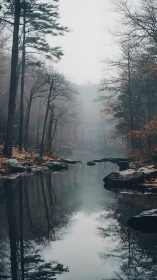 Misty Forest Stream Reflecting Autumn Solitude