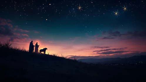 Shepherd silhouettes greet guiding stars at violet dusk.