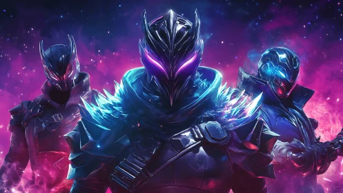 Armored futuristic trio in neon vaporwave sci fi environment.