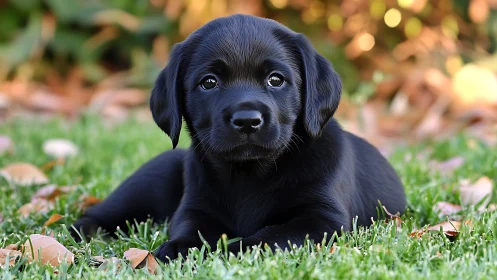 Gentle black puppy resting in autumn-kissed backyard grass.