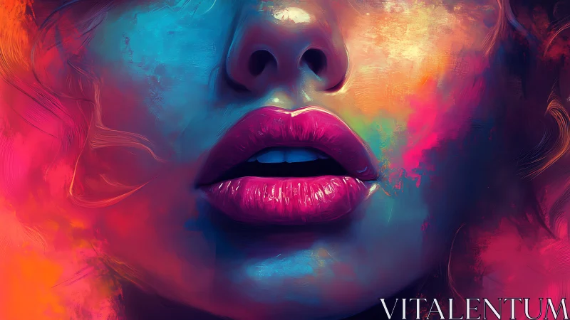 Luminous lips in a storm of neon dreams and soft color haze.