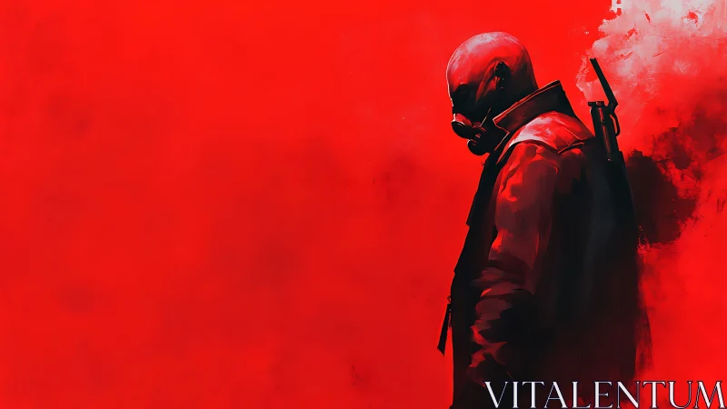 Solitary masked wanderer in a bold red painted wasteland.