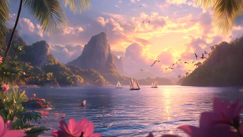 Tropical Lagoon with Sailboats under Golden Sky