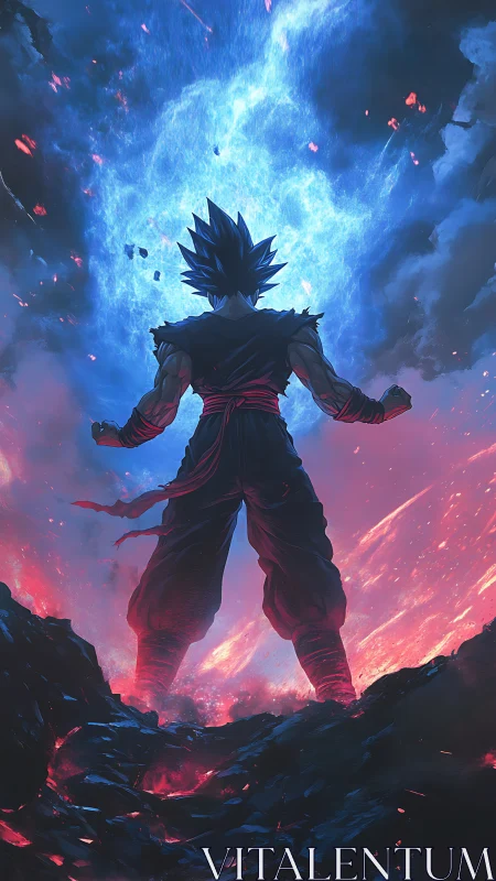 Backlit anime warrior under turbulent blue energy vortex