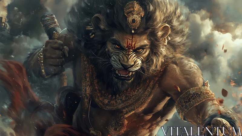 Lion-headed warrior deity charging through storm clouds.