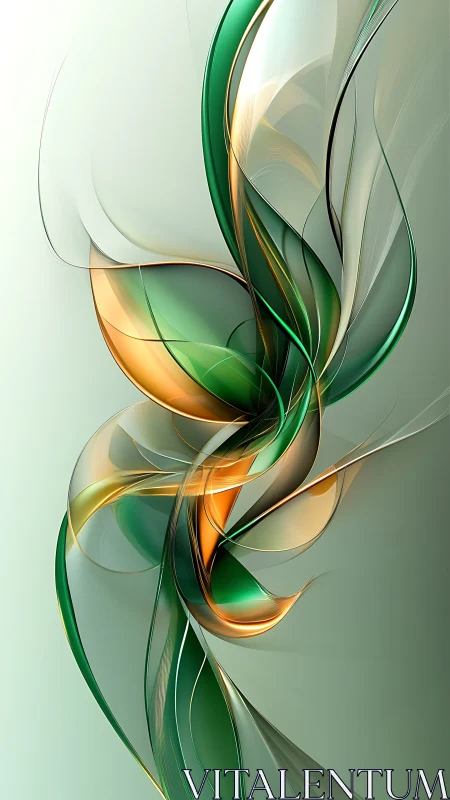 Curved green and gold abstract ribbons on pale gradient field.