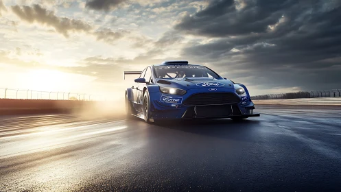 Photorealistic racing car study in dynamic low-angle motion lighting.