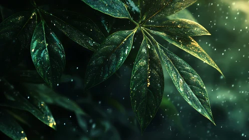 Glowing rainforest leaves shimmer with luminous golden dust.