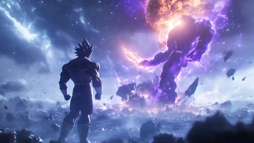 Cosmic warrior confronts colossal energy titan in stormy void