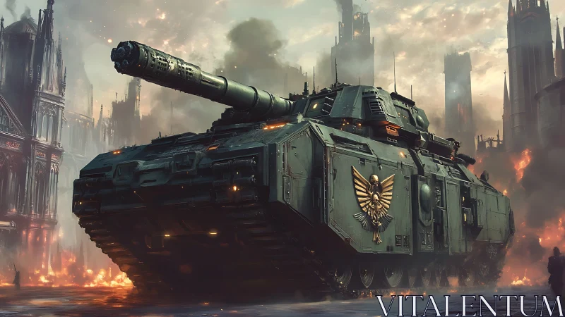 Heavily armored sci fi tank advances through burning city.