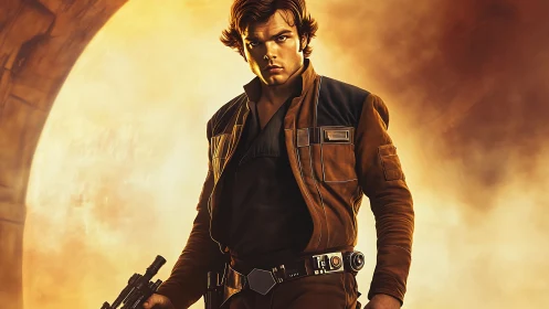 Smuggler outlaw strides through blazing galactic sunrise.