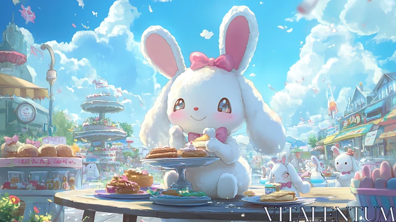 Fluffy bunny mascot enjoys pastry feast at sunny fairground.