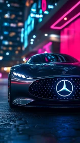 Sleek futuristic Mercedes glows under neon city lights.