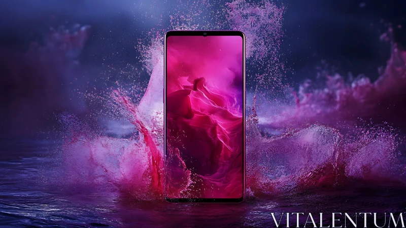 Crimson splash smartphone portal in a storm of digital waves.