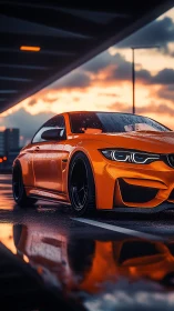 Molten-orange street beast hums softly beneath a rainy sunset