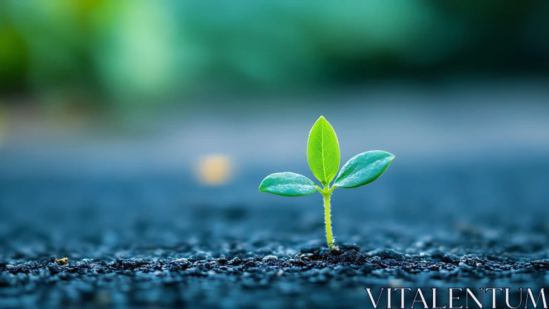 Seedling macro on textured soil with cool bokeh field.