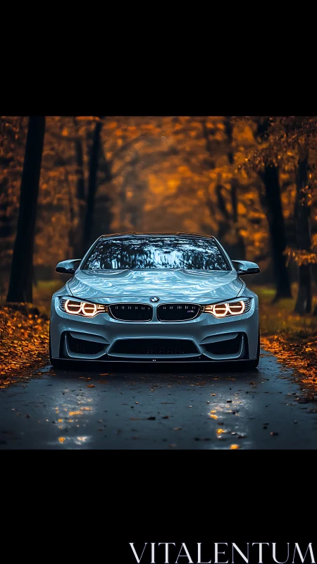 Silver coupe stalks a glowing autumn tunnel of wet leaves