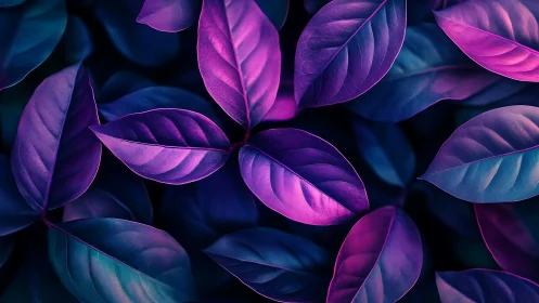 Neon-tinted leaves glow in luminous purple twilight tones.