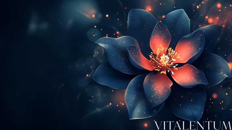 Luminescent flower blooms with fiery center and cosmic petals.