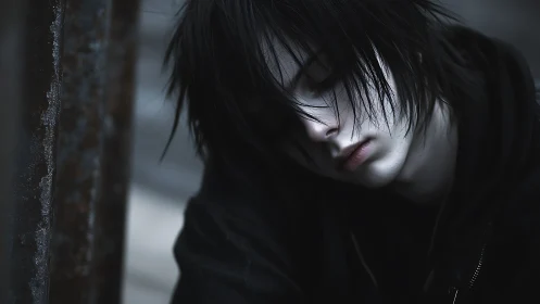 Pale dark haired person resting against metal post, eyes closed.