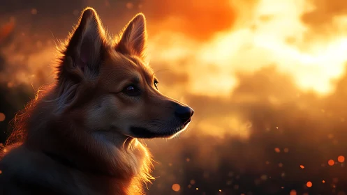Gentle sunset dog gazing into warm glowing evening light.