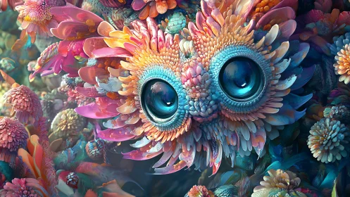 Digital painting of floral-plumed creature with hyperreal eyes.