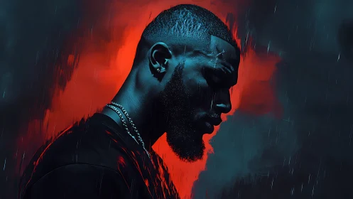 Cyberpunk profile portrait in neon red backlit rain field.