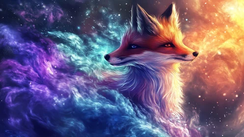 Celestial twin-tailed fox gazes across swirling cosmic nebula.