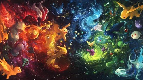 Digital illustration shows stylized creatures in elemental vortex