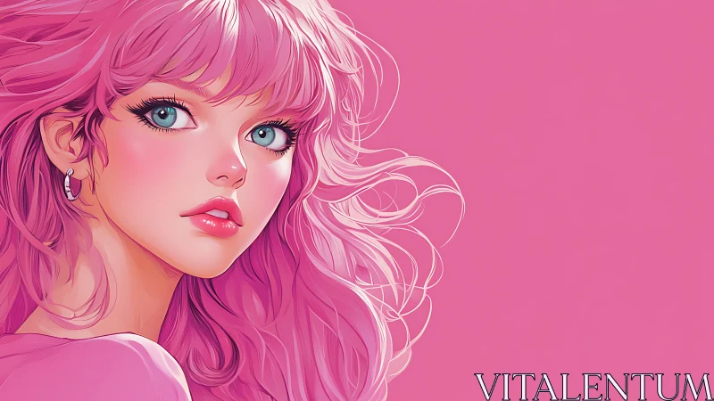 Chromatic vector portrait of windblown pink-haired girl.