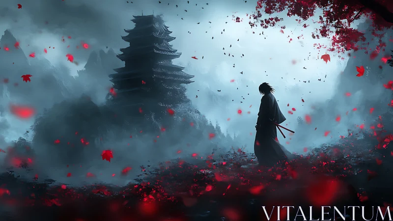 Lone samurai walks through crimson leaves toward misty temple