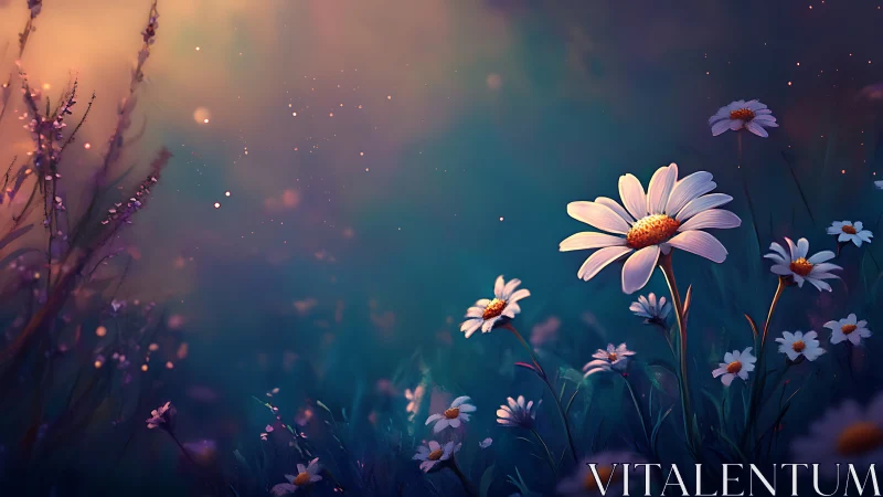 Luminescent daisy composition with bokeh atmospheric depth.
