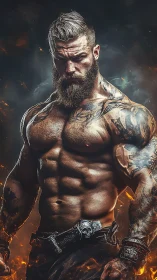 Muscular tattooed male figure in fiery digital environment.