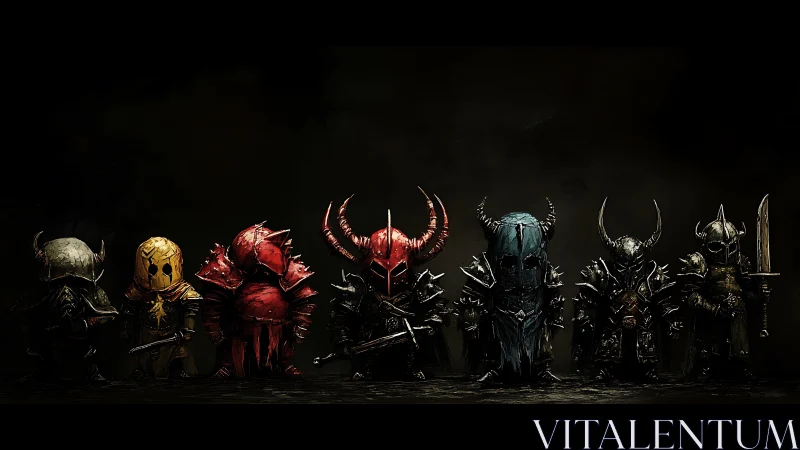 Dark chibi warriors stand united in spiked battle armor.