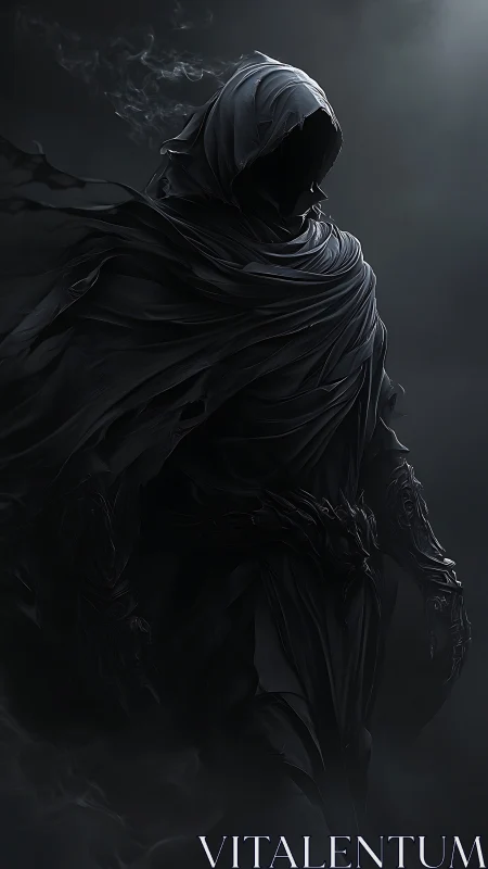 Mysterious hooded wraith drifting through shadowed mist.
