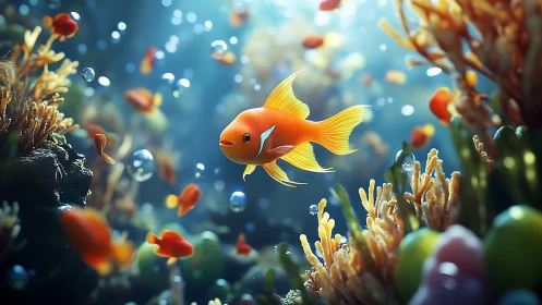 Playful orange fish gliding through a glowing coral garden.