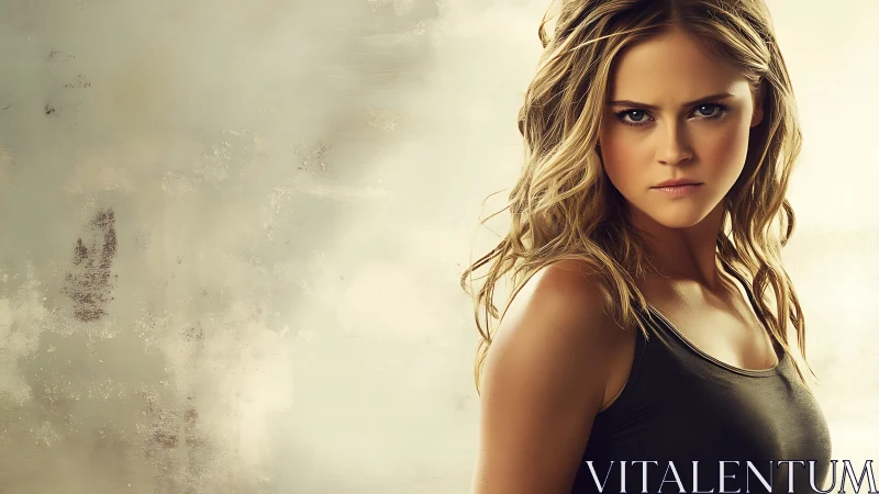 Defiant young woman stands against soft, weathered backdrop