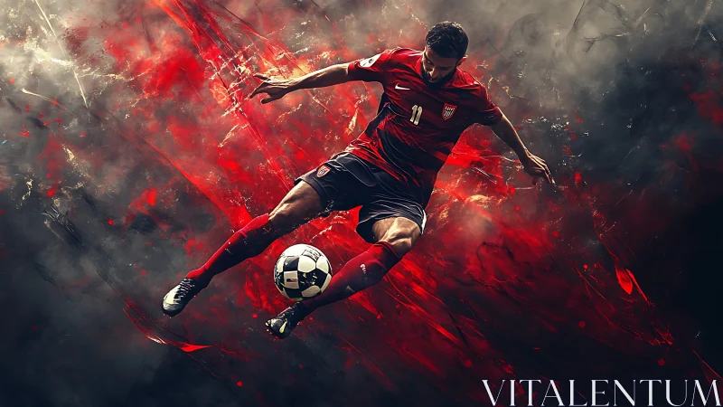 Dynamic football striker in midair volley, red abstract smoke